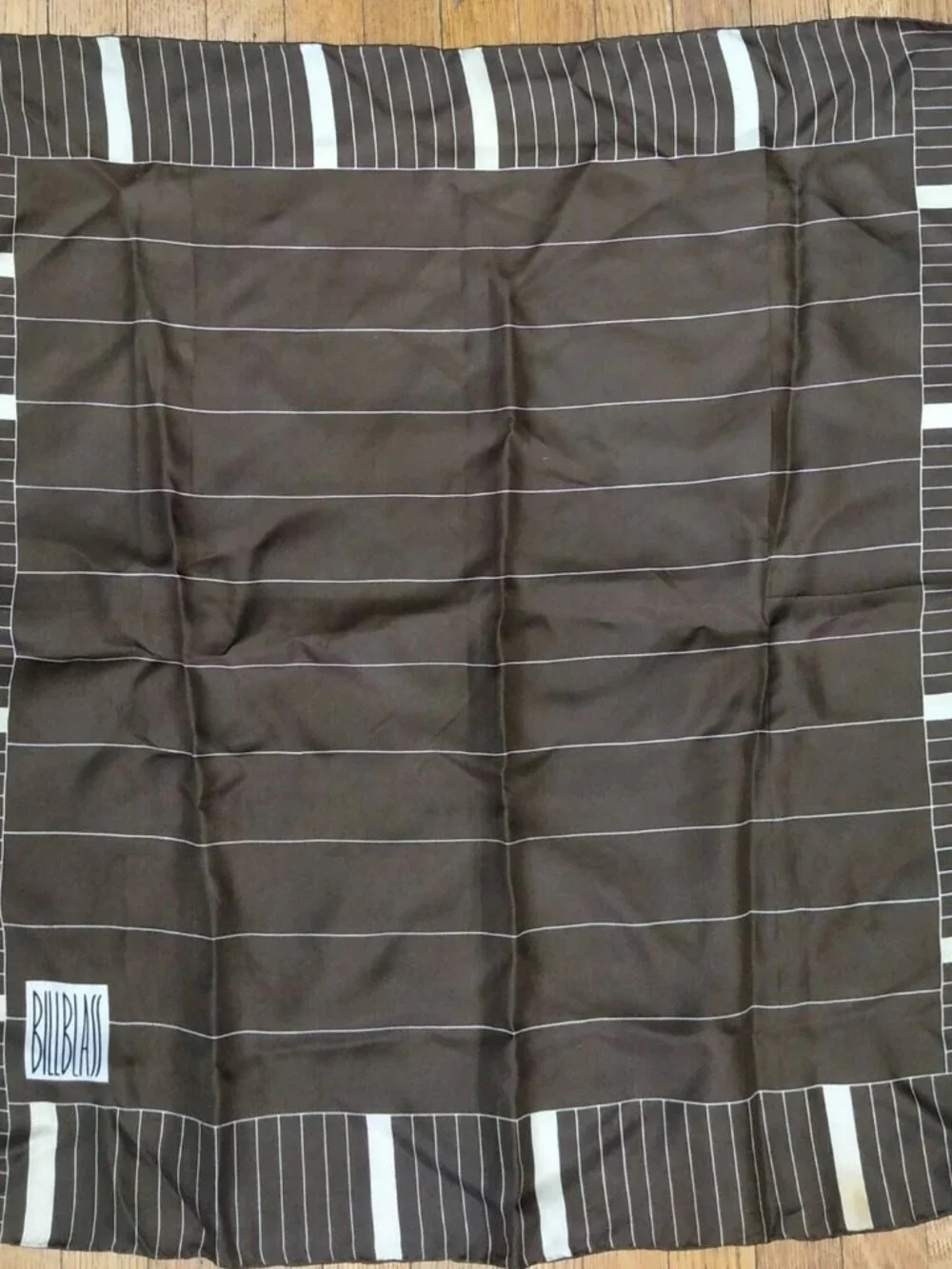 Vtg Bill Blass 100% Silk Brown & Cream Logo Print Square Scarf 22